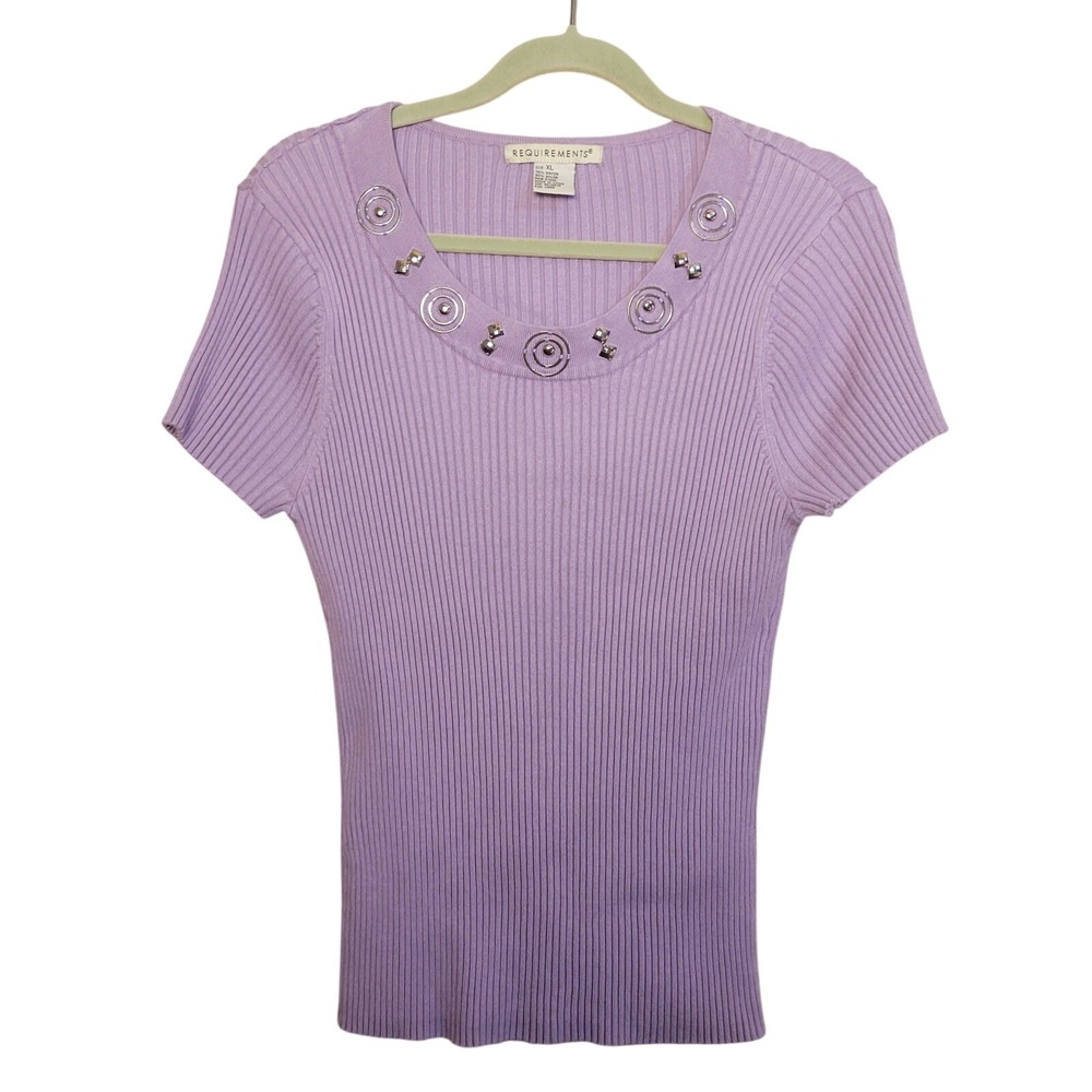 Requirements‎ Lavender Ribbed Knit Embellished Scoop Neck Short Sleeve Top XL